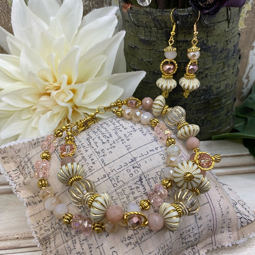 Elegant Gold Ivory and Pink Double Strand Czech Glass Crystal Beaded Jewelry Set